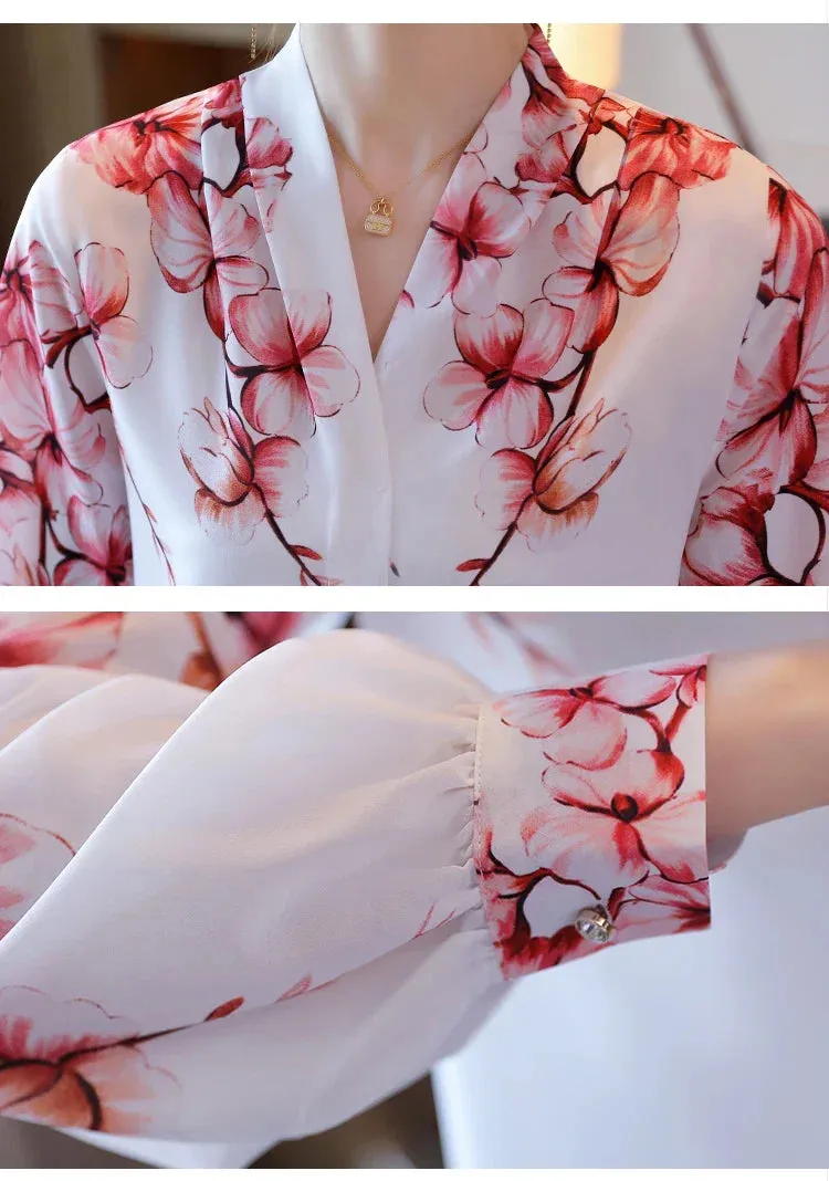 Blouses White Blouse Long Sleeve Blouse Women V-Neck Print Chiffon Shirt Women Tops