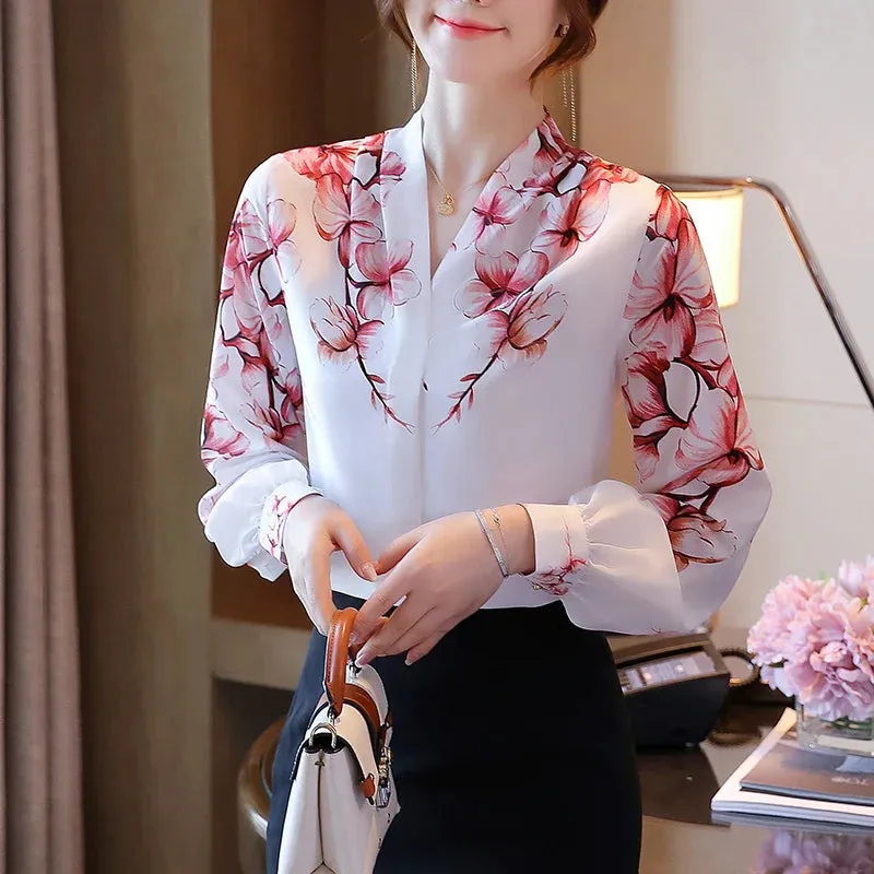 Blouses White Blouse Long Sleeve Blouse Women V-Neck Print Chiffon Shirt Women Tops