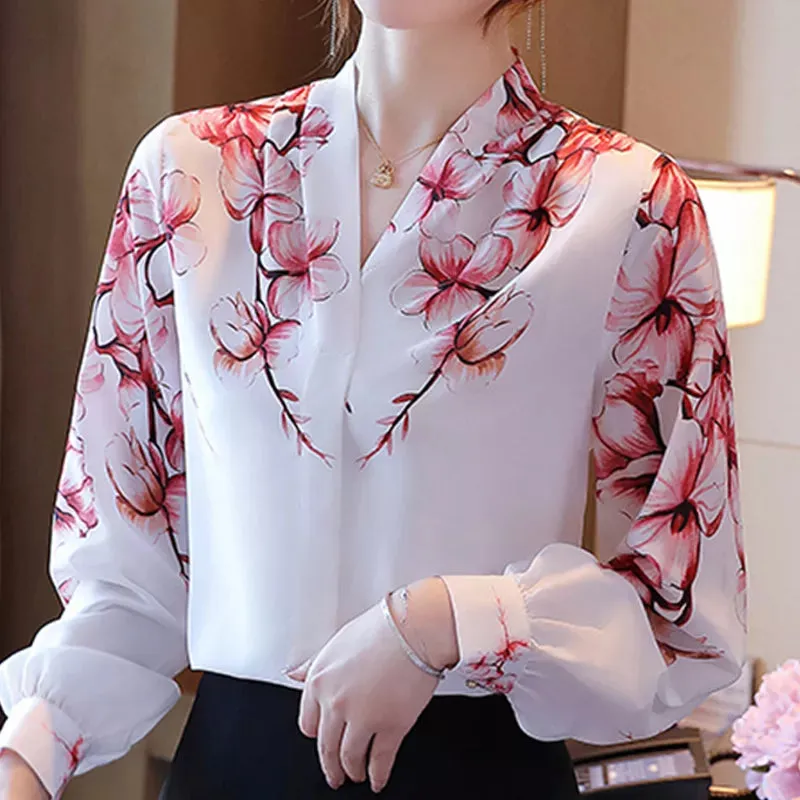 Blouses White Blouse Long Sleeve Blouse Women V-Neck Print Chiffon Shirt Women Tops