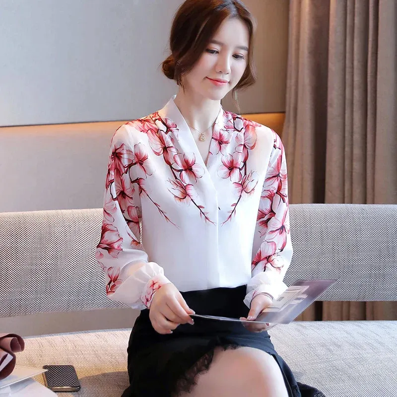Blouses White Blouse Long Sleeve Blouse Women V-Neck Print Chiffon Shirt Women Tops