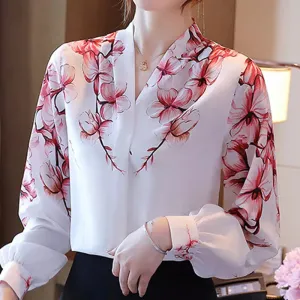 Blouses White Blouse Long Sleeve Blouse Women V-Neck Print Chiffon Shirt Women Tops