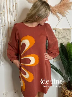 Brick T-Shirt Dress with Large Applique Flower
