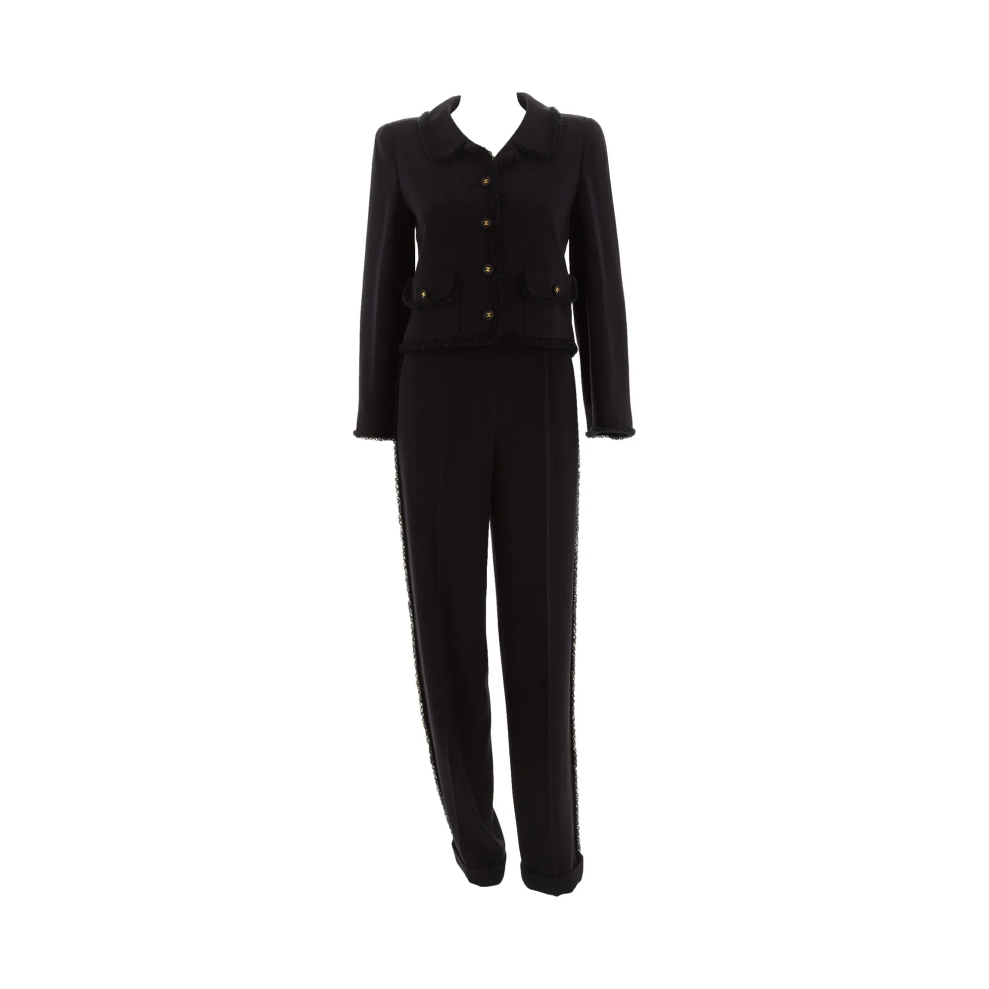 Chanel Black Ruffle Cropped Jacket   Pant Set