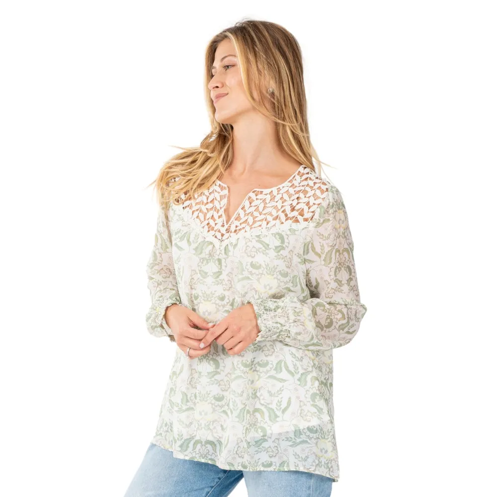 Chiffon and Lace Yoke Floral Blouse
