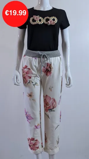 Cream Pink Floral Print Magic Pants Joggers