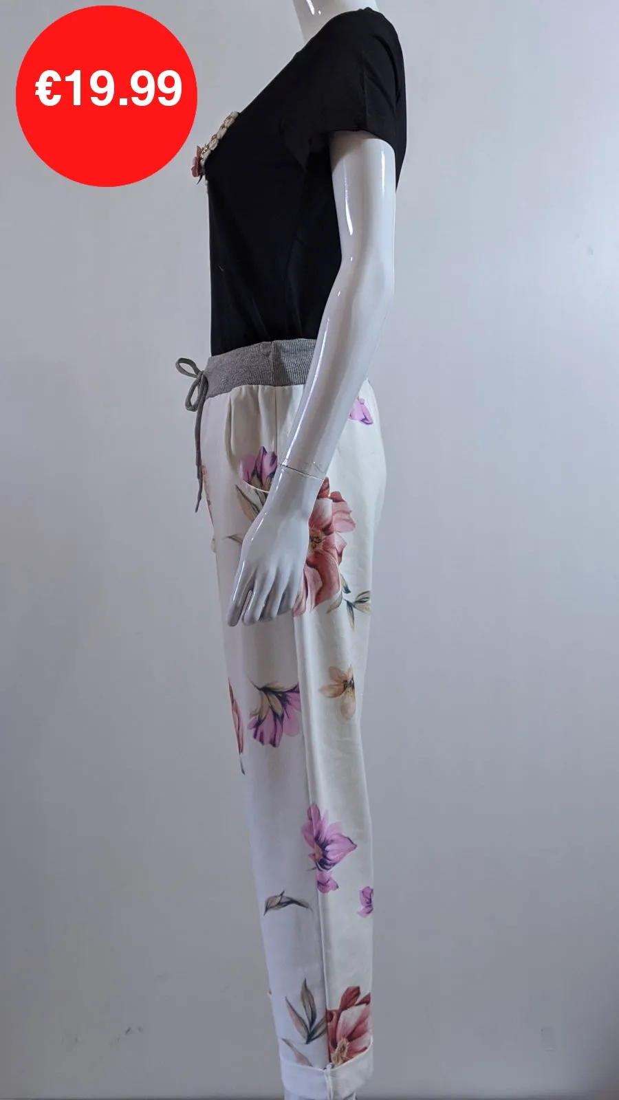 Cream Pink Floral Print Magic Pants Joggers