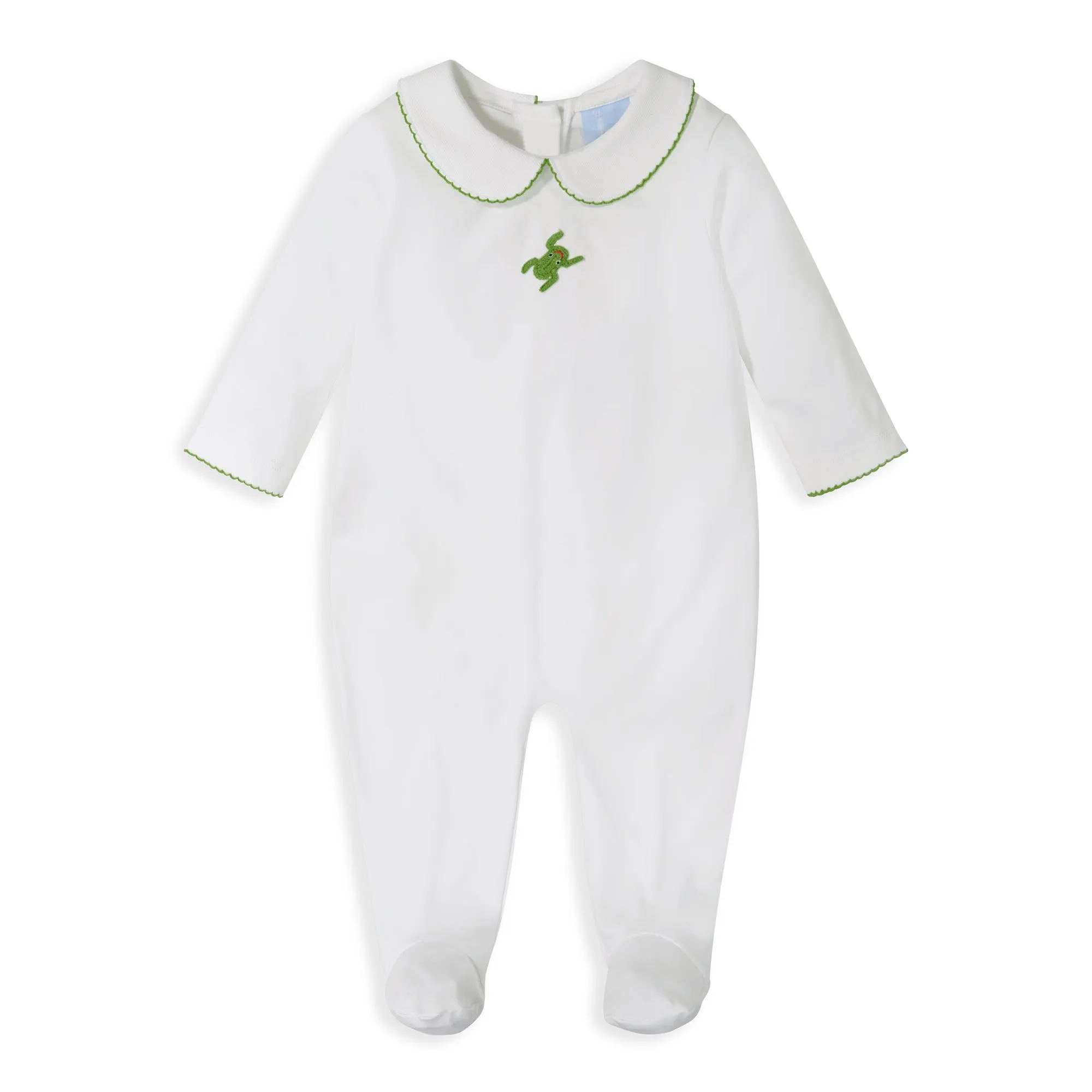 Crochet Collared Pima Footie -- White w/ Frogs