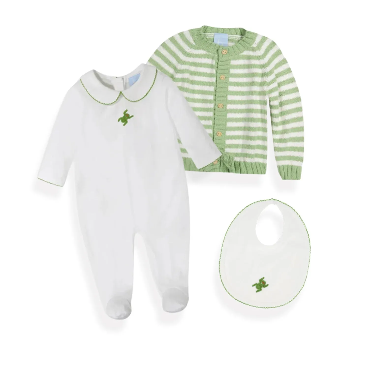 Crochet Collared Pima Footie -- White w/ Frogs