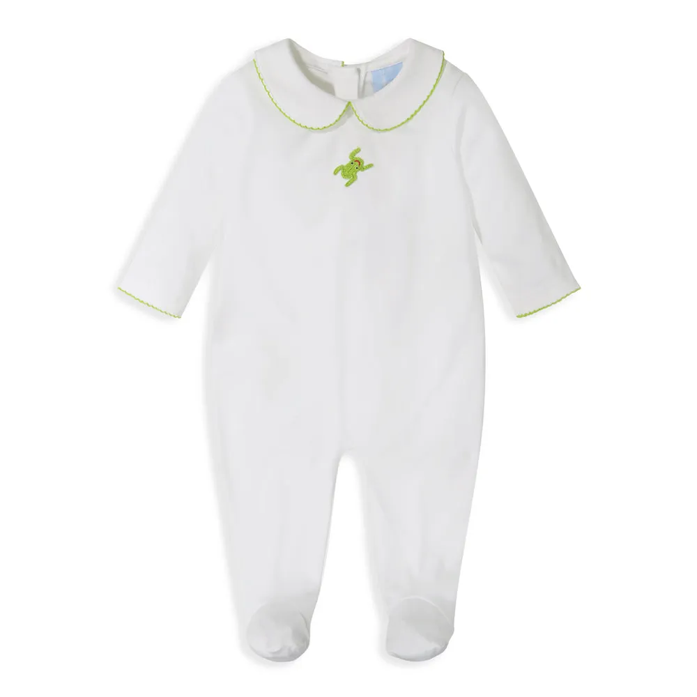 Crochet Collared Pima Footie -- White w/ Frogs