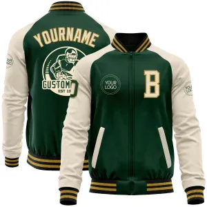 Custom Green Cream Old Gold-Black Bomber Varsity Letterman Two Tone Zipper Jacket