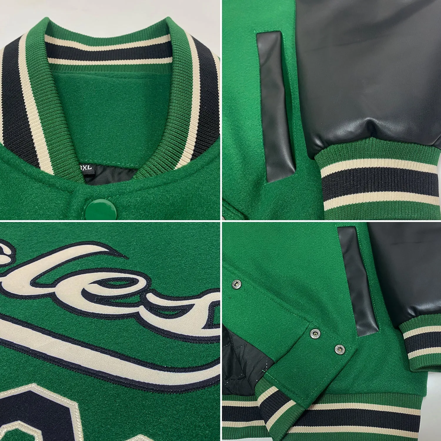 Custom Kelly Green Black-Cream Bomber Full-Snap Varsity Letterman Two Tone Jacket
