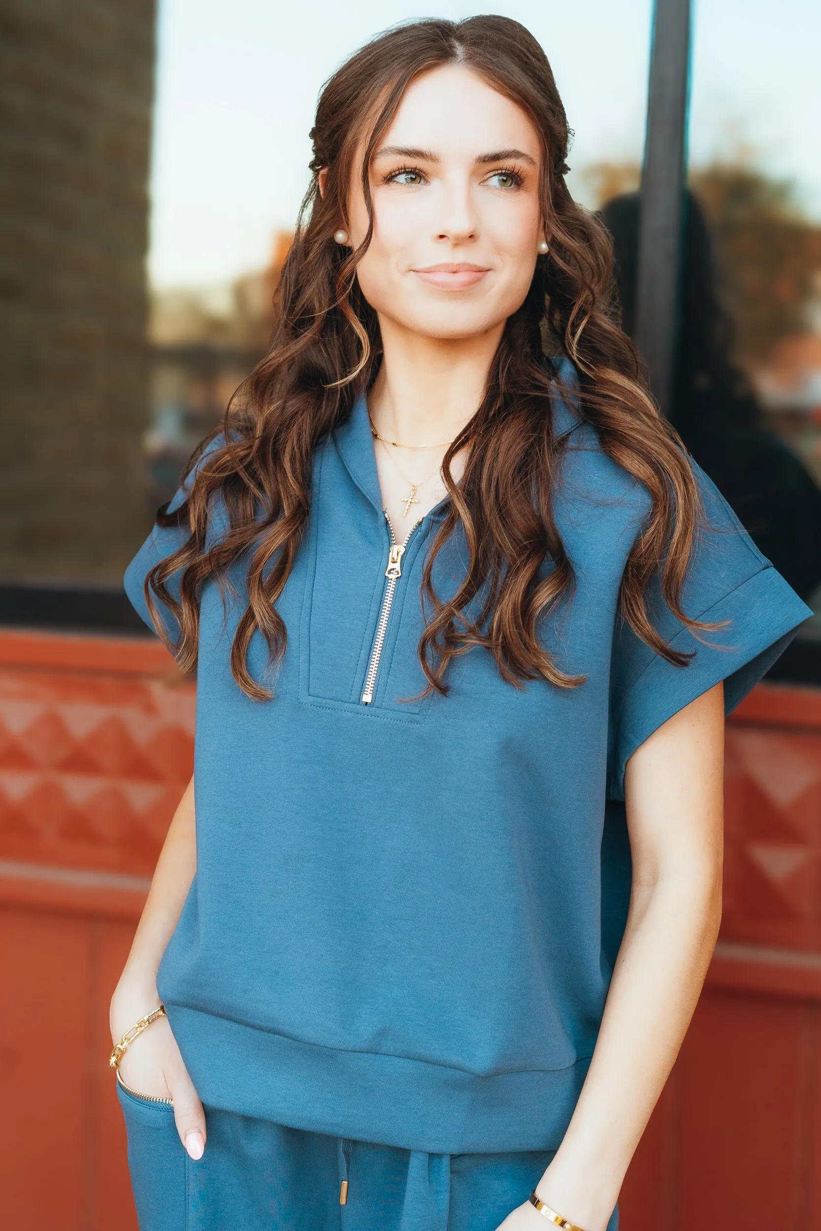Dark Denim Scuba Half Zip-Up Short Sleeve Sweatshirt IT2154-1