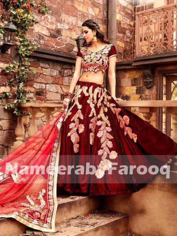 Deep Maroon Vevlet Lahenga With Work of Silk Thread Tila & Ribbon