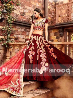 Deep Maroon Vevlet Lahenga With Work of Silk Thread Tila & Ribbon