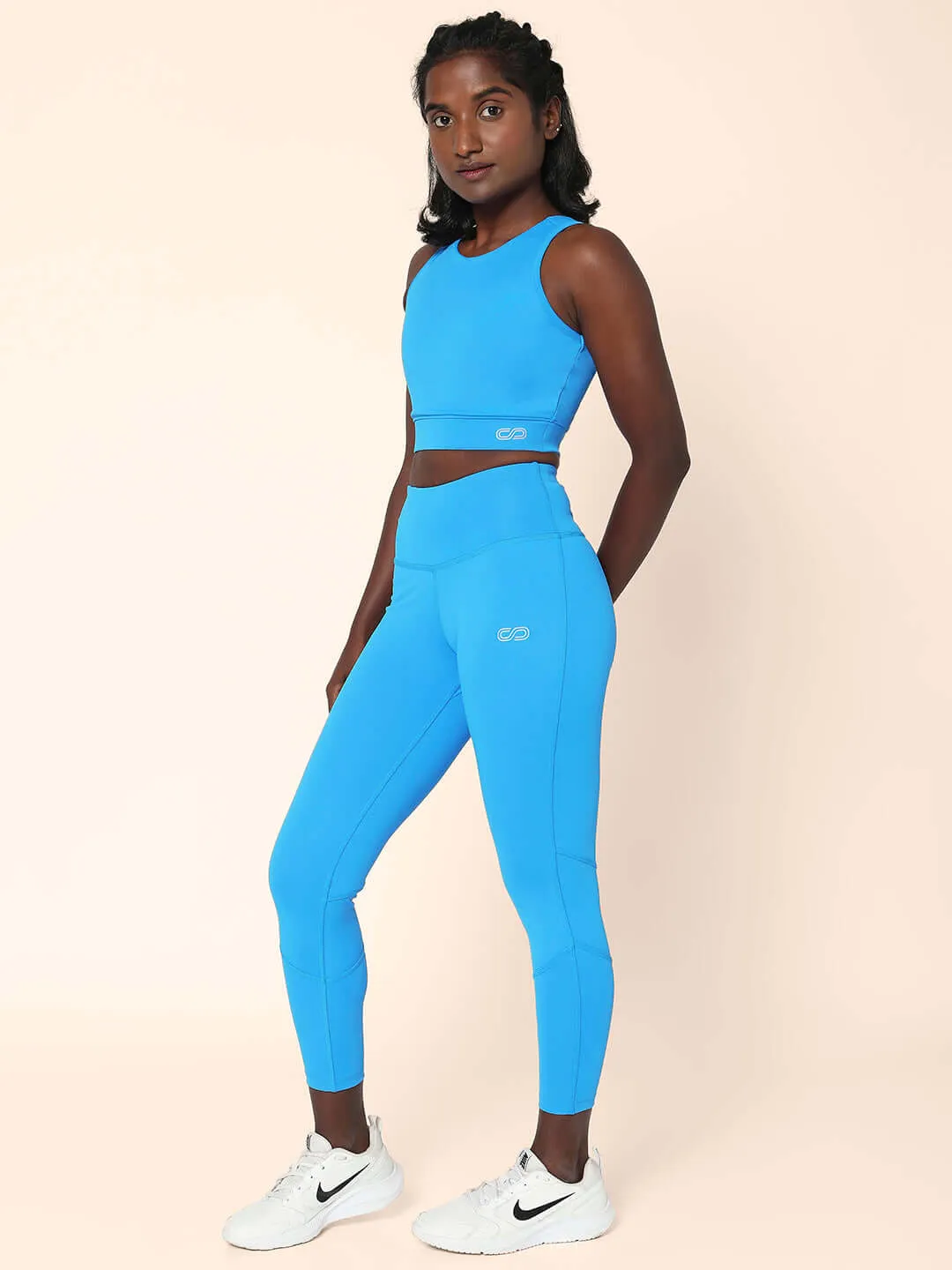 Electric Blue Cross back Crop Top & 7/8 Leggings