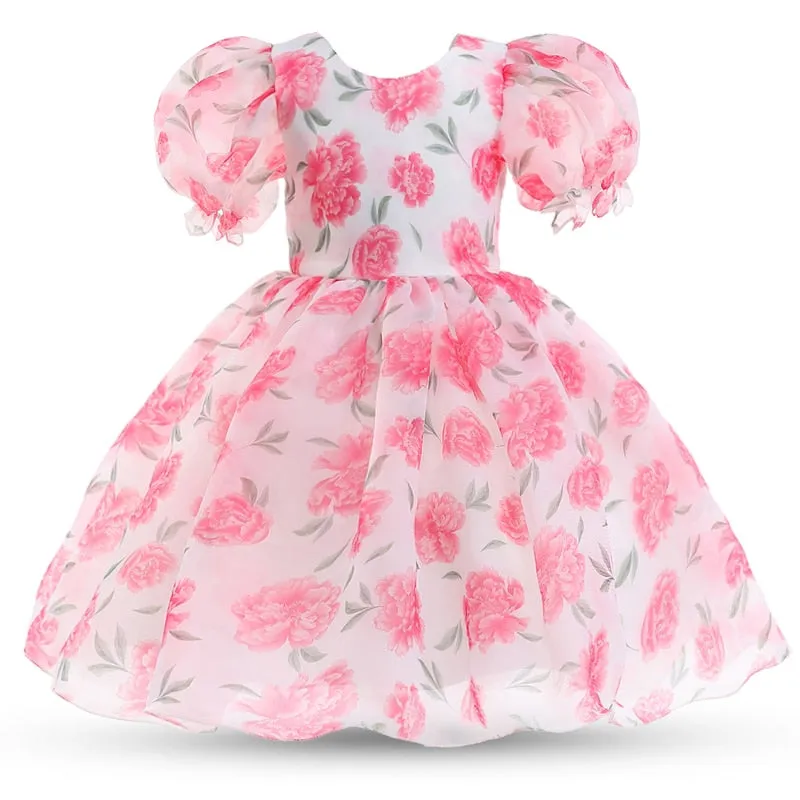 Elegant Girls Pink Flowers Print Puff Sleeve Tulle Dress - White, Pink