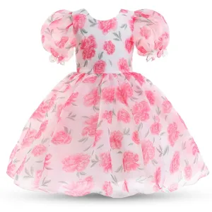 Elegant Girls Pink Flowers Print Puff Sleeve Tulle Dress - White, Pink