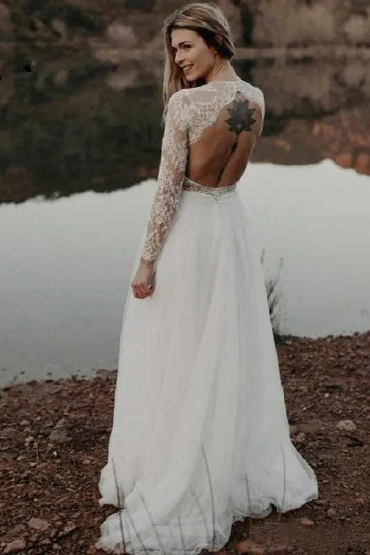 Elegant Keyhole Lace Long Sleeve Tulle Bridal Gown With Ruching-715721