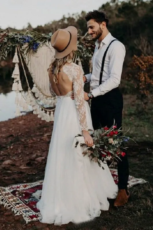 Elegant Keyhole Lace Long Sleeve Tulle Bridal Gown With Ruching-715721