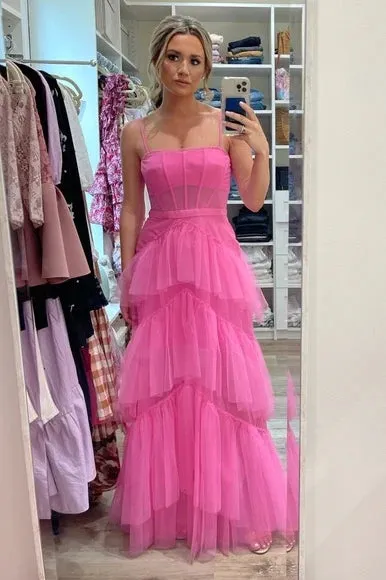 Elegant Pink Spaghetti Strap A-Line  Ruffles Long Prom Dresses,WGP440