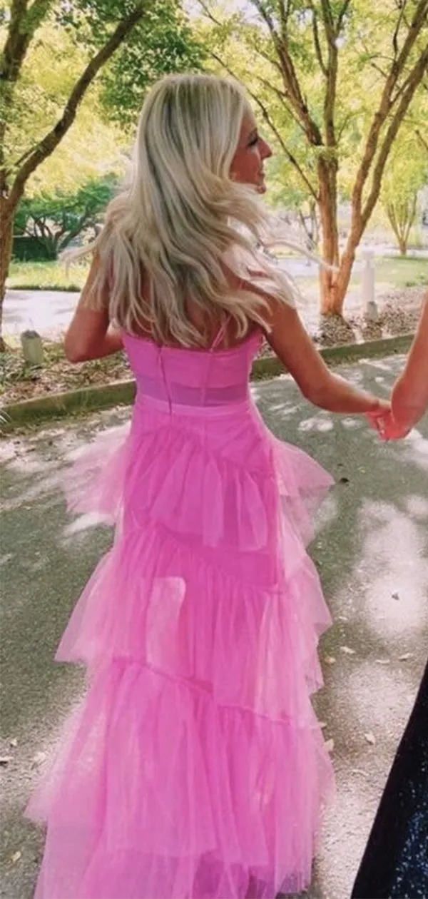 Elegant Pink Spaghetti Strap A-Line  Ruffles Long Prom Dresses,WGP440