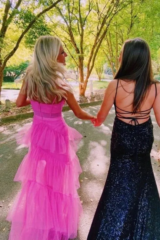 Elegant Pink Spaghetti Strap A-Line  Ruffles Long Prom Dresses,WGP440