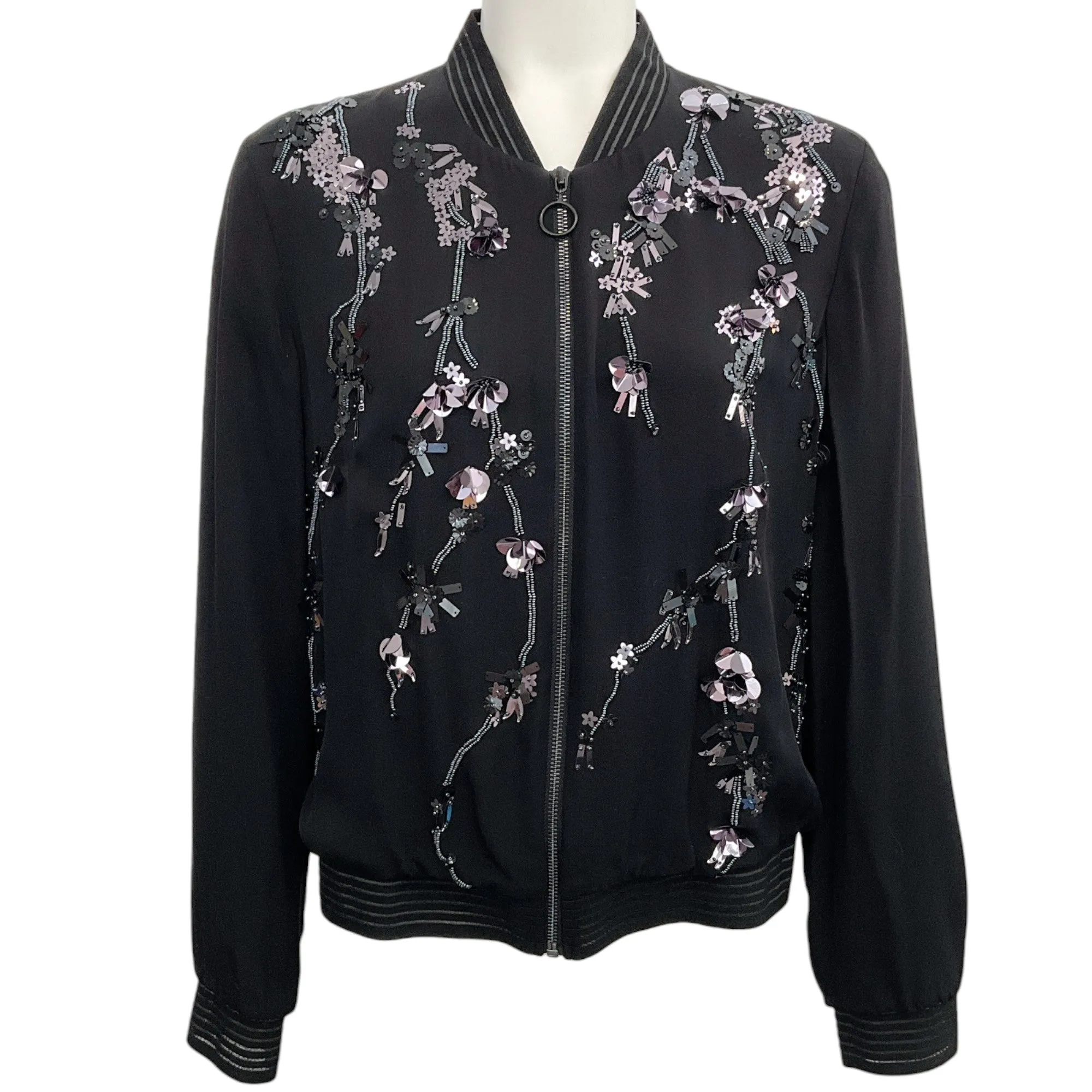 Elie Tahari Black Silk Bomber Jacket with Sequins