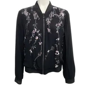 Elie Tahari Black Silk Bomber Jacket with Sequins