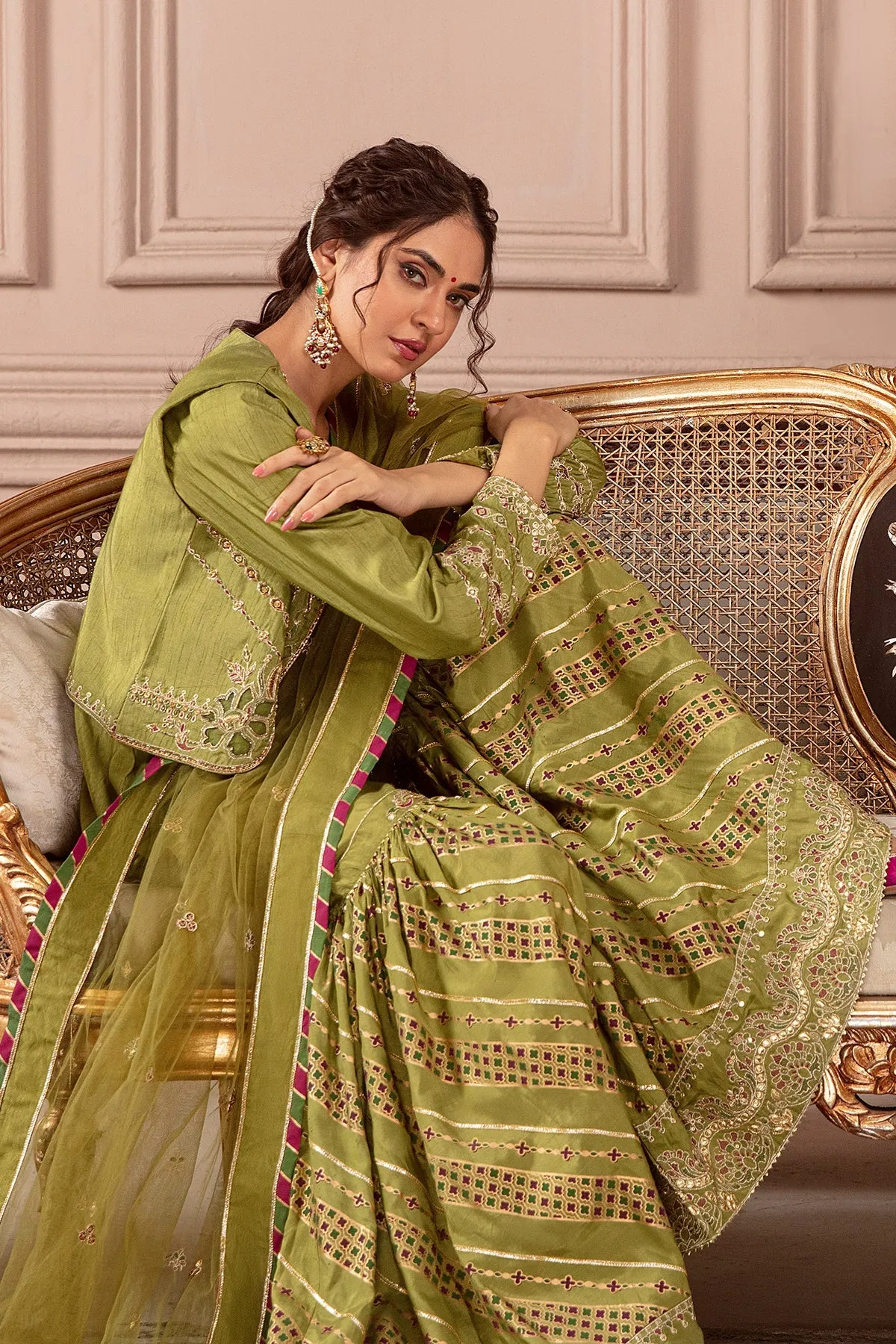 Embroidered Mehndi Green Pakistani Kurti Sharara Party Dress