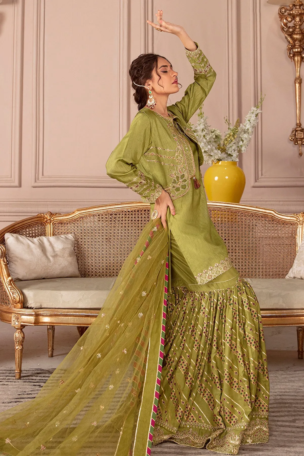 Embroidered Mehndi Green Pakistani Kurti Sharara Party Dress