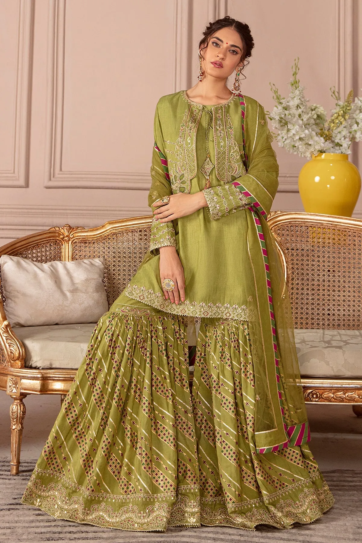Embroidered Mehndi Green Pakistani Kurti Sharara Party Dress