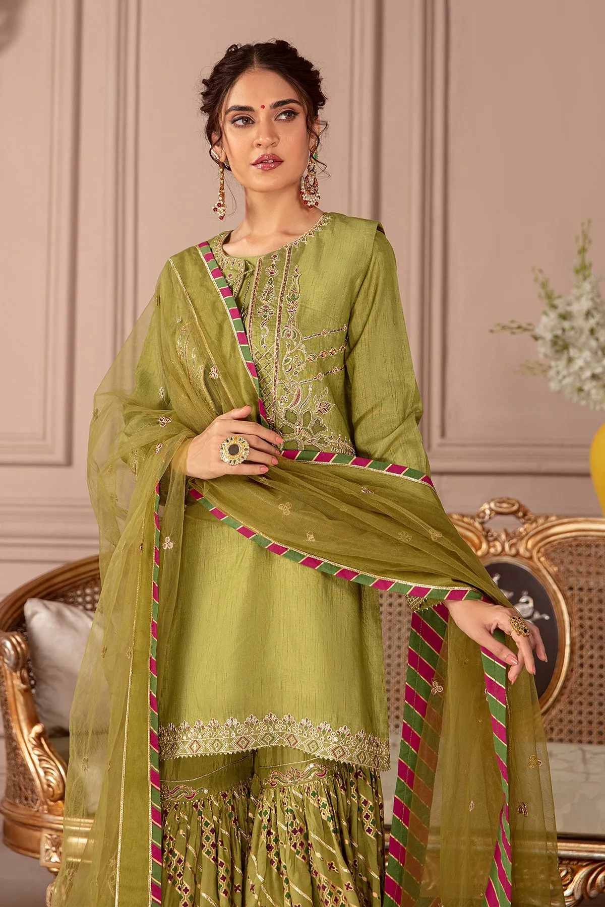 Embroidered Mehndi Green Pakistani Kurti Sharara Party Dress