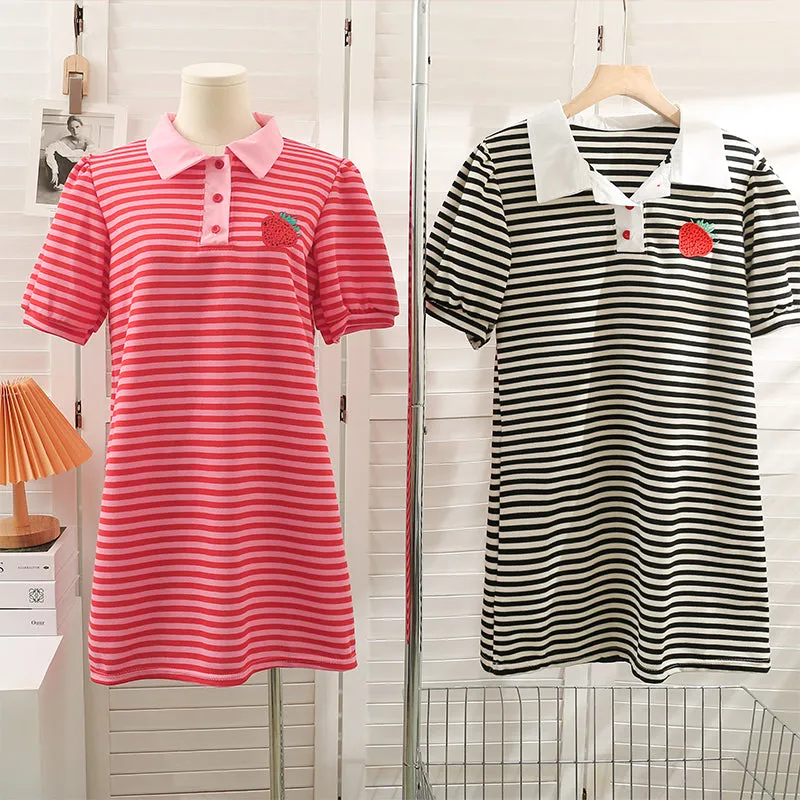 Embroidered Strawberry Stripe Polo Neck Dress Long T-Shirt Dress UB6302