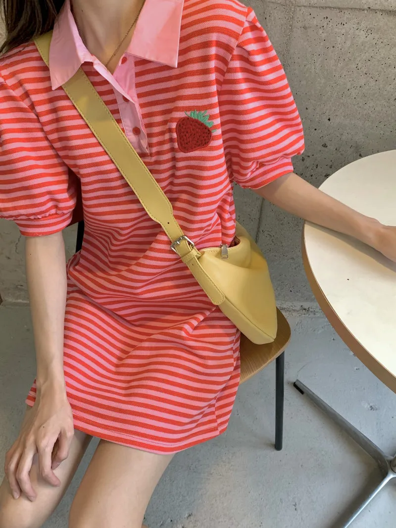 Embroidered Strawberry Stripe Polo Neck Dress Long T-Shirt Dress UB6302