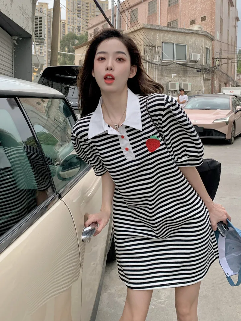 Embroidered Strawberry Stripe Polo Neck Dress Long T-Shirt Dress UB6302