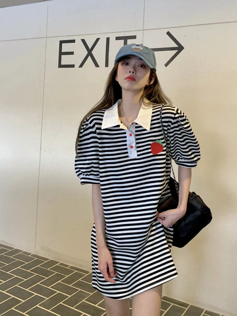 Embroidered Strawberry Stripe Polo Neck Dress Long T-Shirt Dress UB6302
