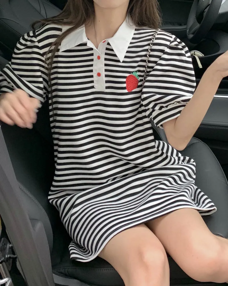 Embroidered Strawberry Stripe Polo Neck Dress Long T-Shirt Dress UB6302