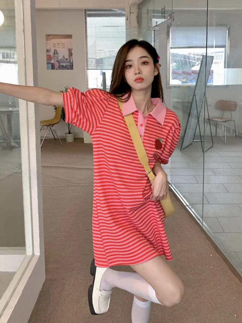 Embroidered Strawberry Stripe Polo Neck Dress Long T-Shirt Dress UB6302