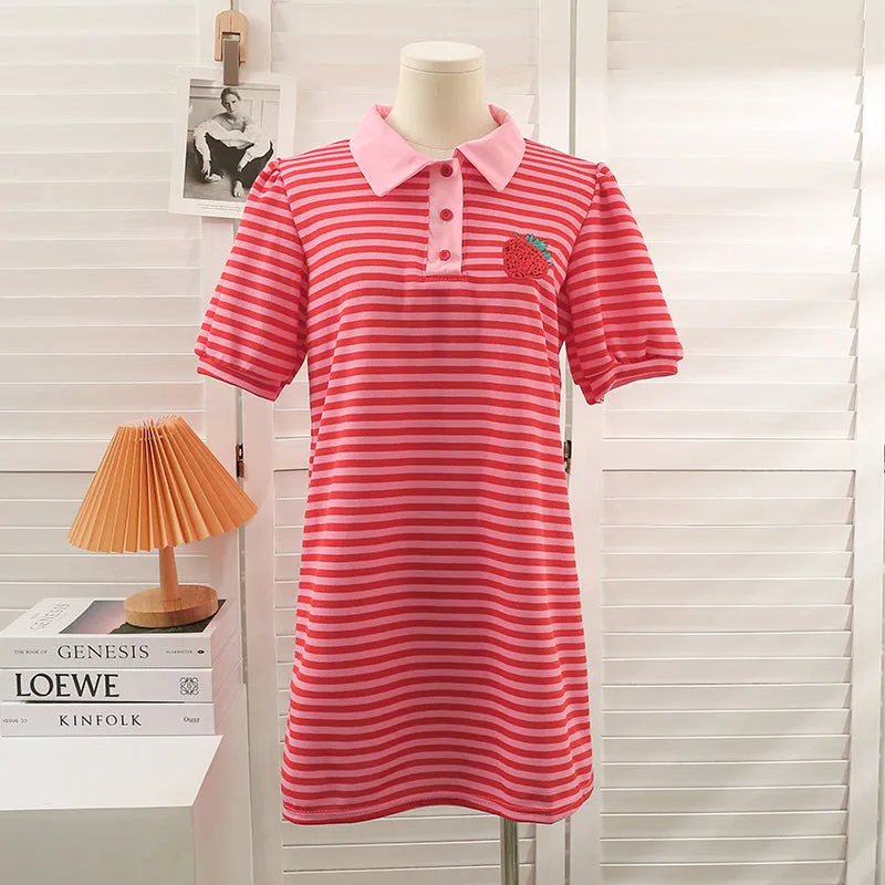 Embroidered Strawberry Stripe Polo Neck Dress Long T-Shirt Dress UB6302