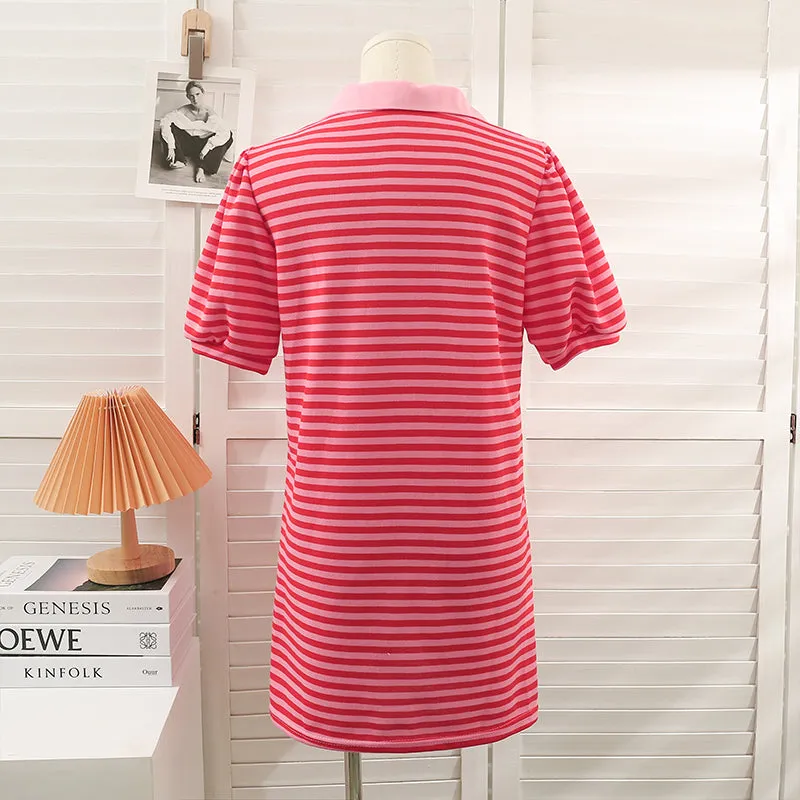Embroidered Strawberry Stripe Polo Neck Dress Long T-Shirt Dress UB6302
