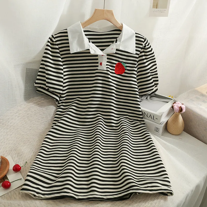 Embroidered Strawberry Stripe Polo Neck Dress Long T-Shirt Dress UB6302