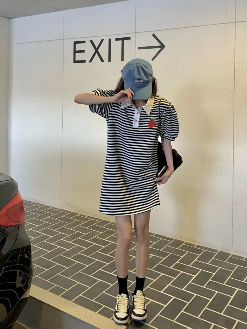 Embroidered Strawberry Stripe Polo Neck Dress Long T-Shirt Dress UB6302