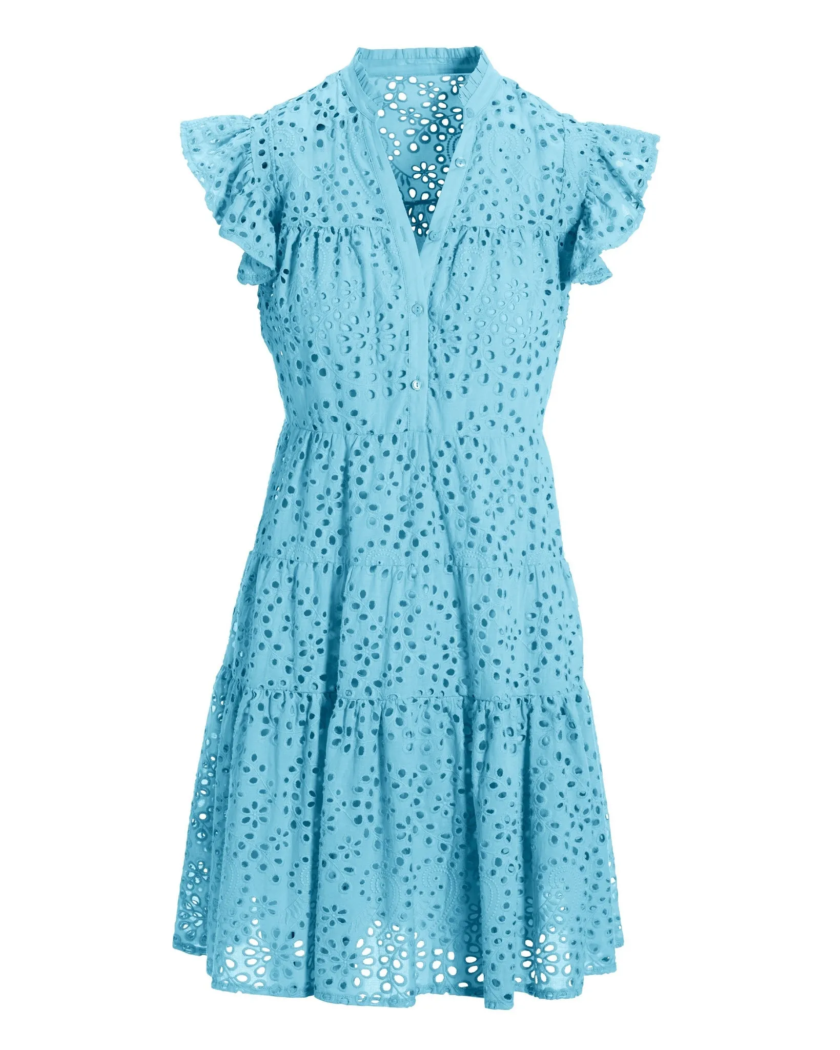 Eyelet Ruffle Tiered Short Dress Baltic Sea