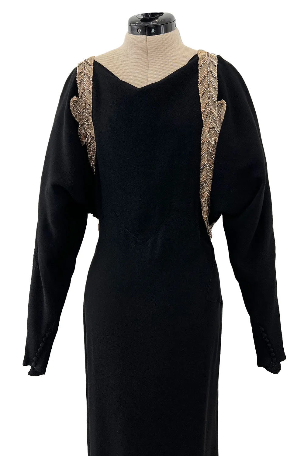 Fabulous 1930s Black Bias Cut Silk Crepe Dress w Unusual Rhinestone & Beaded Applique
