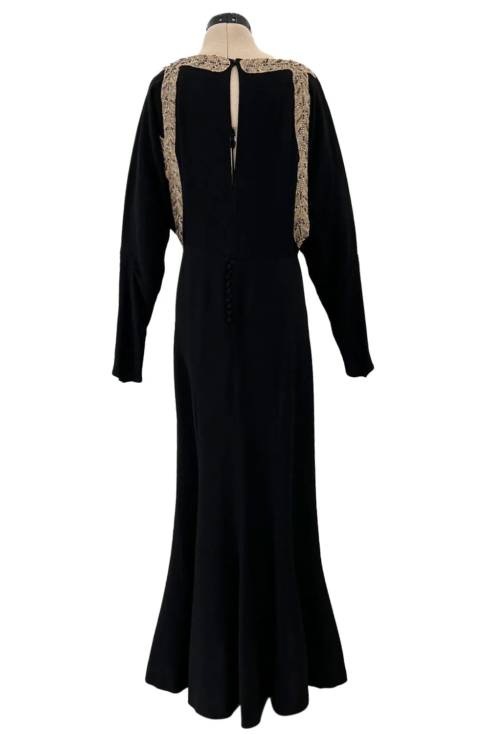 Fabulous 1930s Black Bias Cut Silk Crepe Dress w Unusual Rhinestone & Beaded Applique