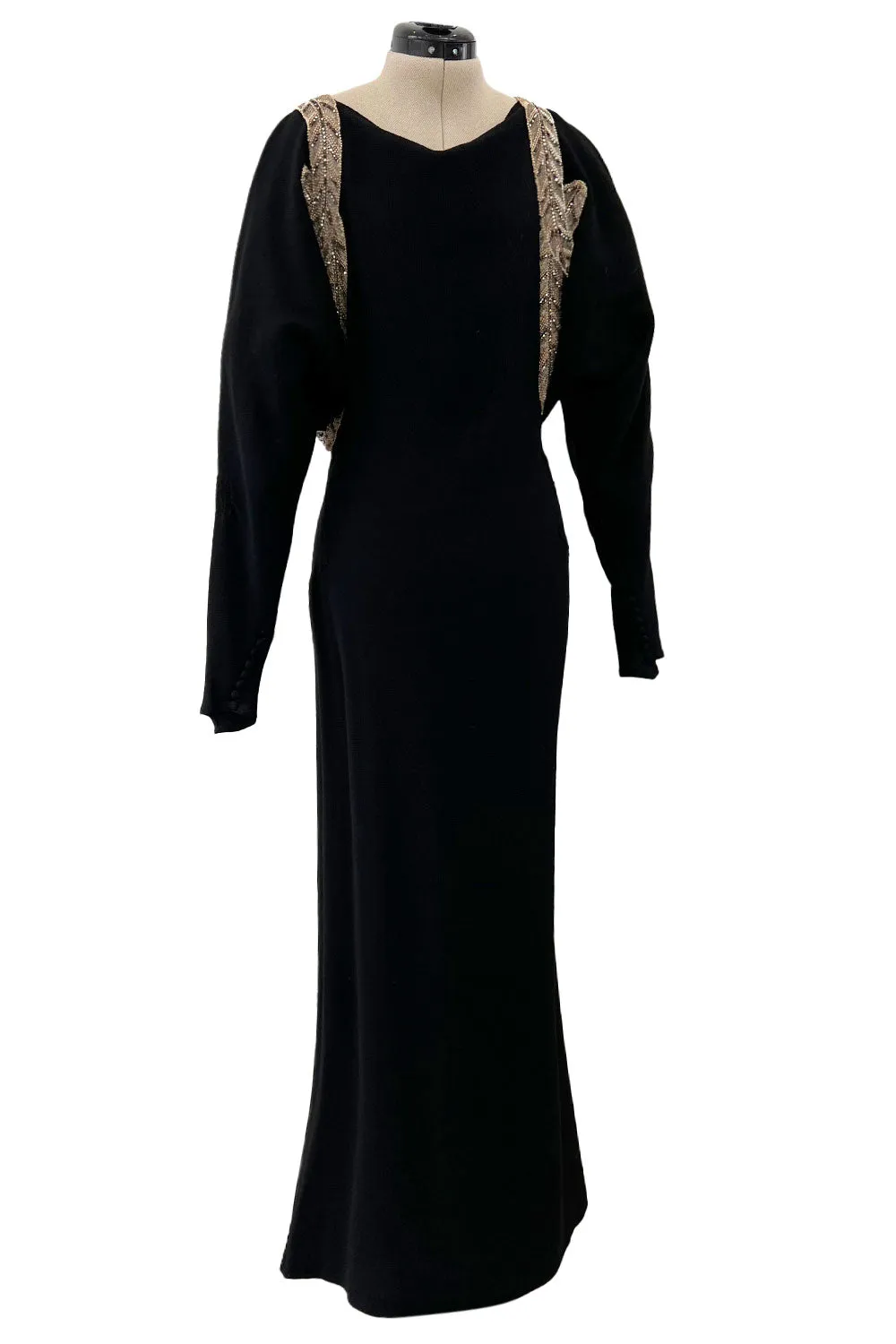 Fabulous 1930s Black Bias Cut Silk Crepe Dress w Unusual Rhinestone & Beaded Applique