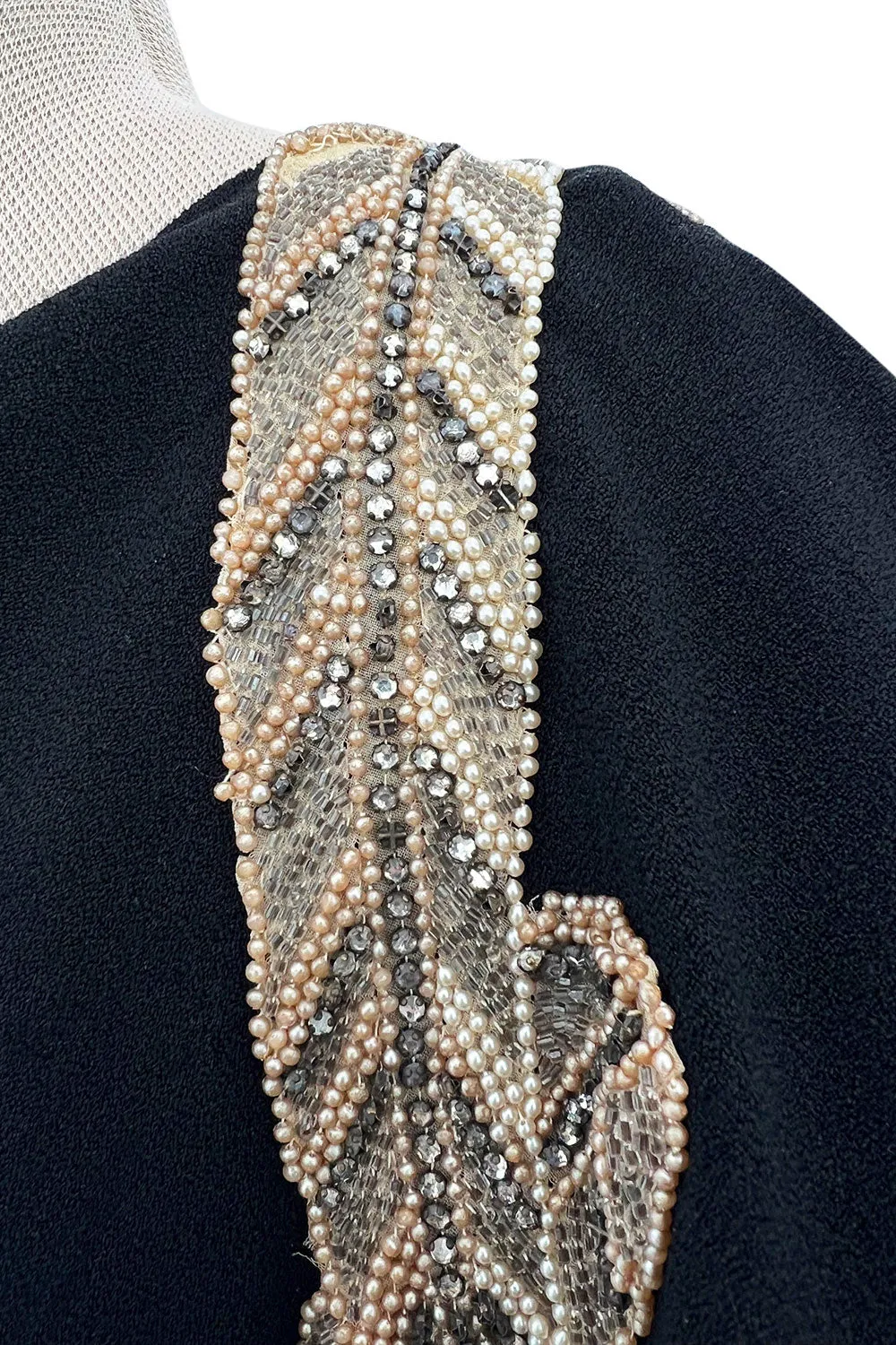 Fabulous 1930s Black Bias Cut Silk Crepe Dress w Unusual Rhinestone & Beaded Applique