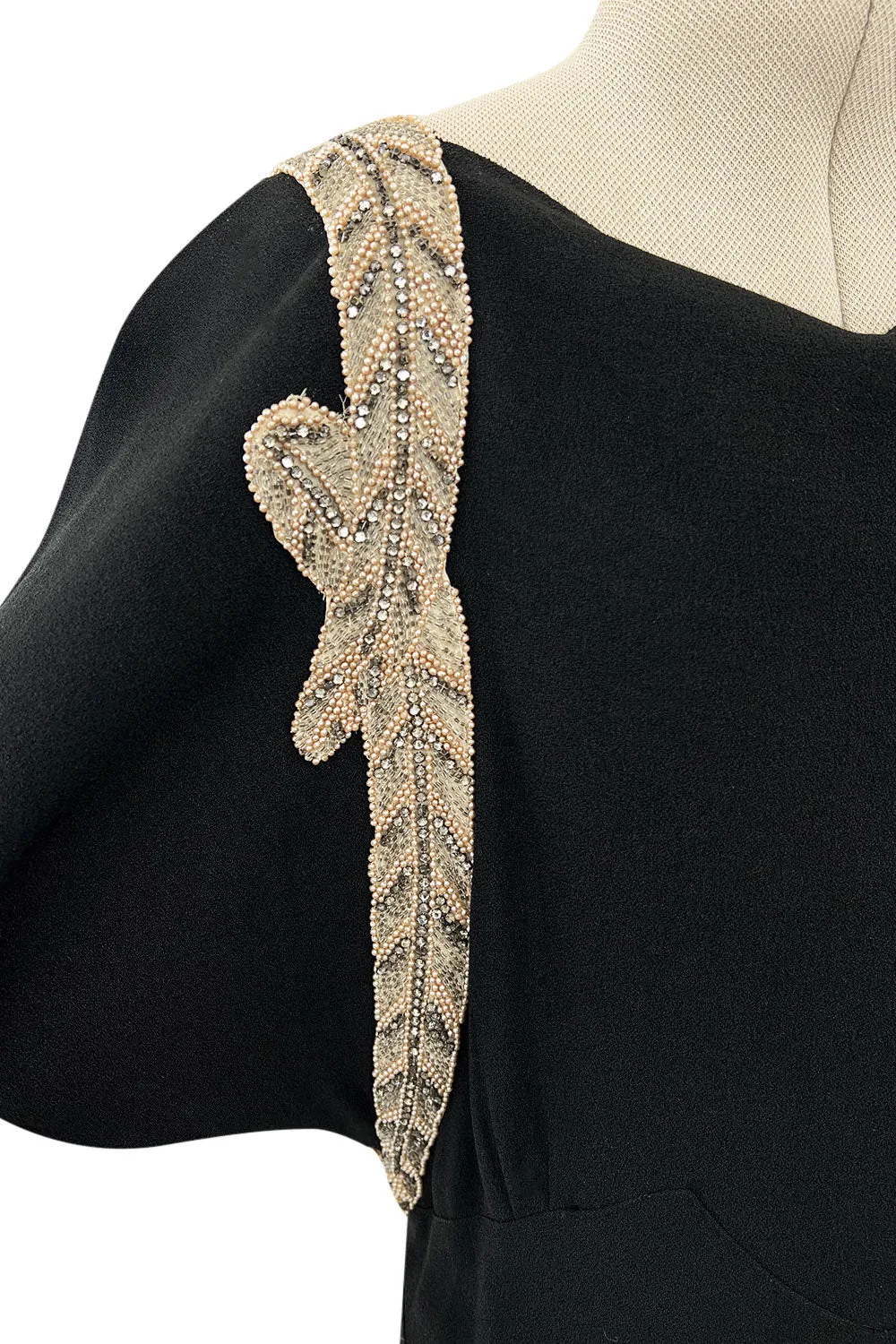 Fabulous 1930s Black Bias Cut Silk Crepe Dress w Unusual Rhinestone & Beaded Applique