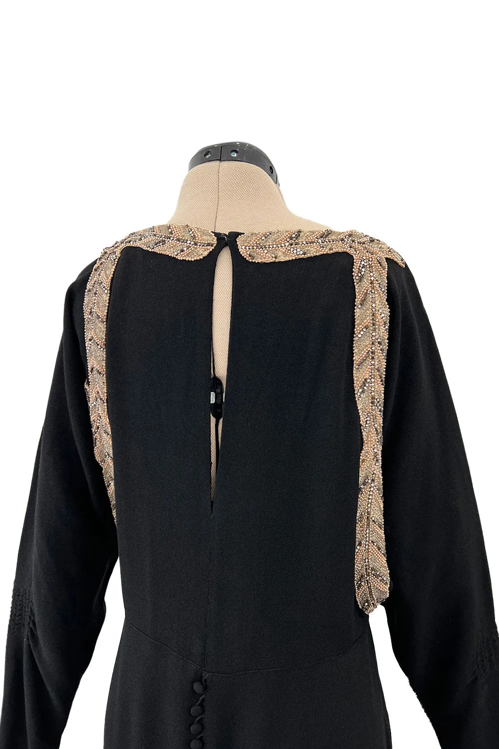 Fabulous 1930s Black Bias Cut Silk Crepe Dress w Unusual Rhinestone & Beaded Applique