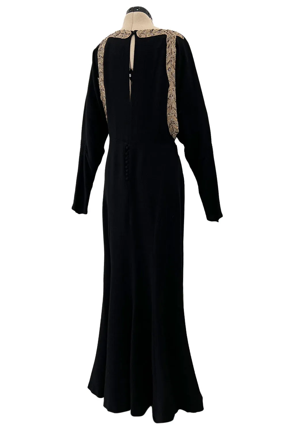 Fabulous 1930s Black Bias Cut Silk Crepe Dress w Unusual Rhinestone & Beaded Applique